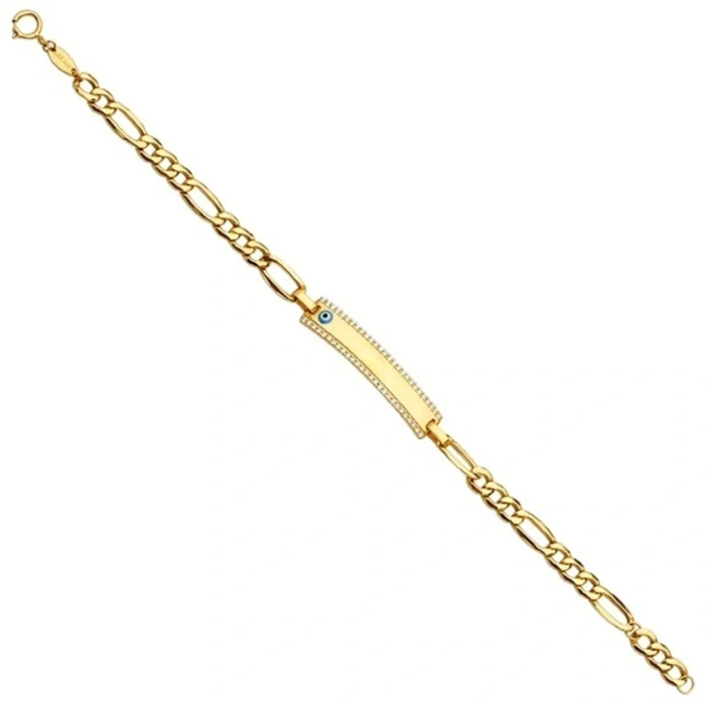 Kids 14k Yellow Gold Blue Evil Eye ID Bracelet